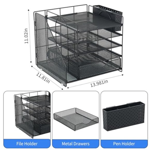 5-Tier Desk Organizer with Drawer & Pen Holder, Metal Mesh Office Storage - Picture 6 of 8